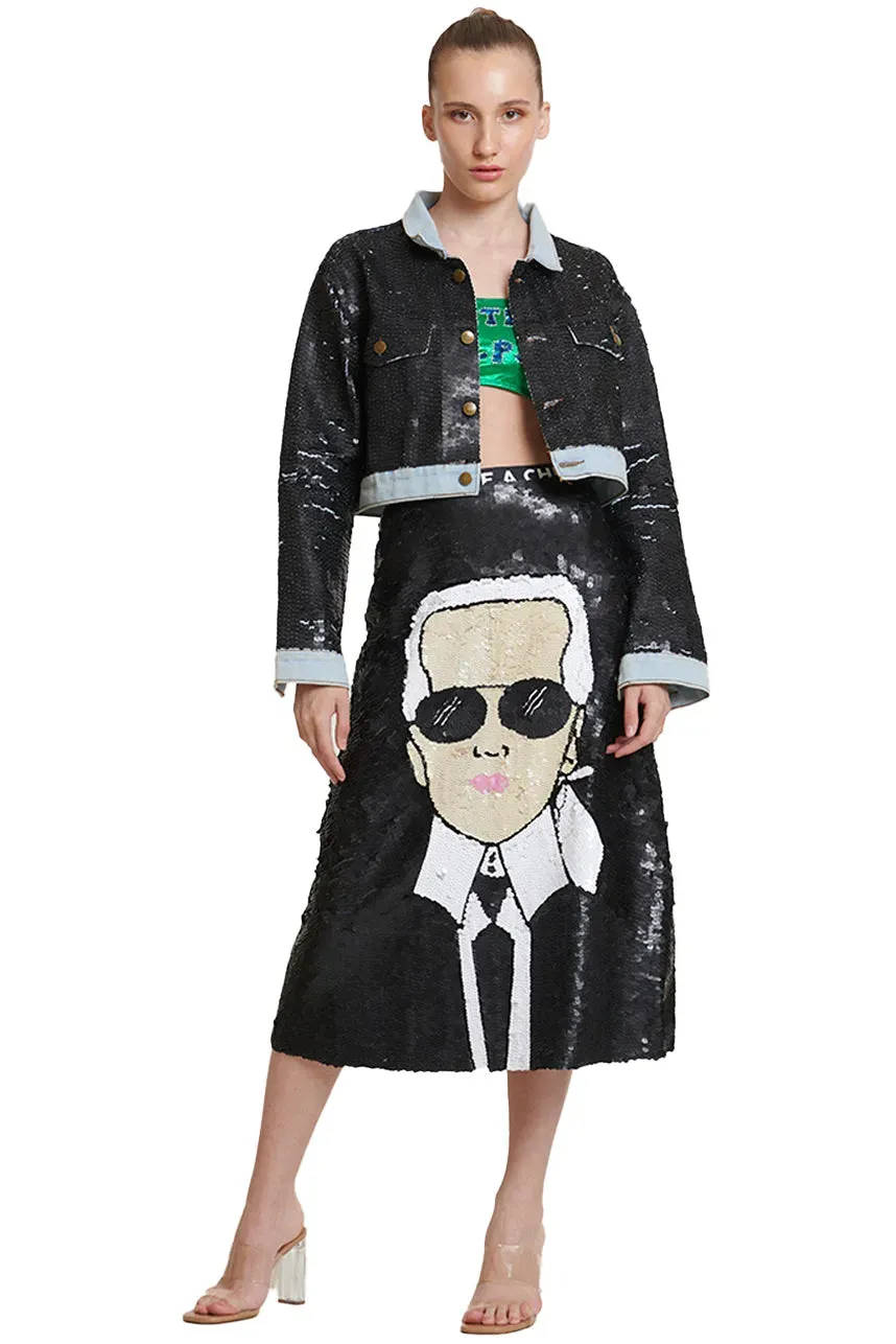 Full Embroidered Black Sequin Cropped Denim Jacket