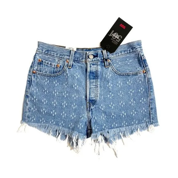 Levi's 501 High Rise Denim Jean Shorts Button Fly Fringe Dottie Blues Sz 28 NWT
