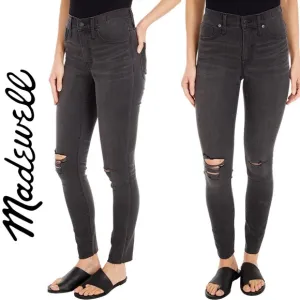 Madewell 9&quot; High Rise Skinny Jeans in Black Sea Raw Hem Distressed Boho H2230 27