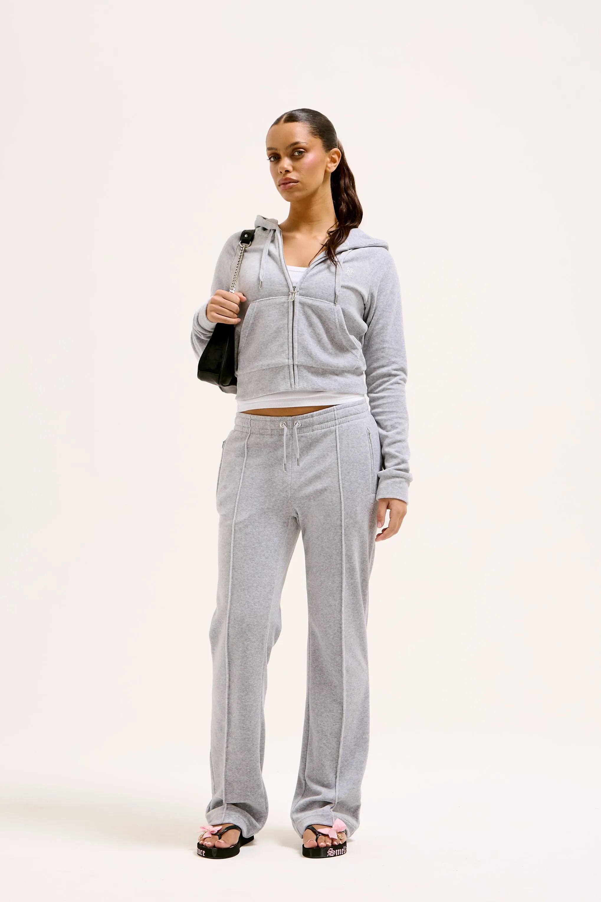 SILVER MARL DIAMANTÉ VELOUR ZIP-THROUGH HOODIE