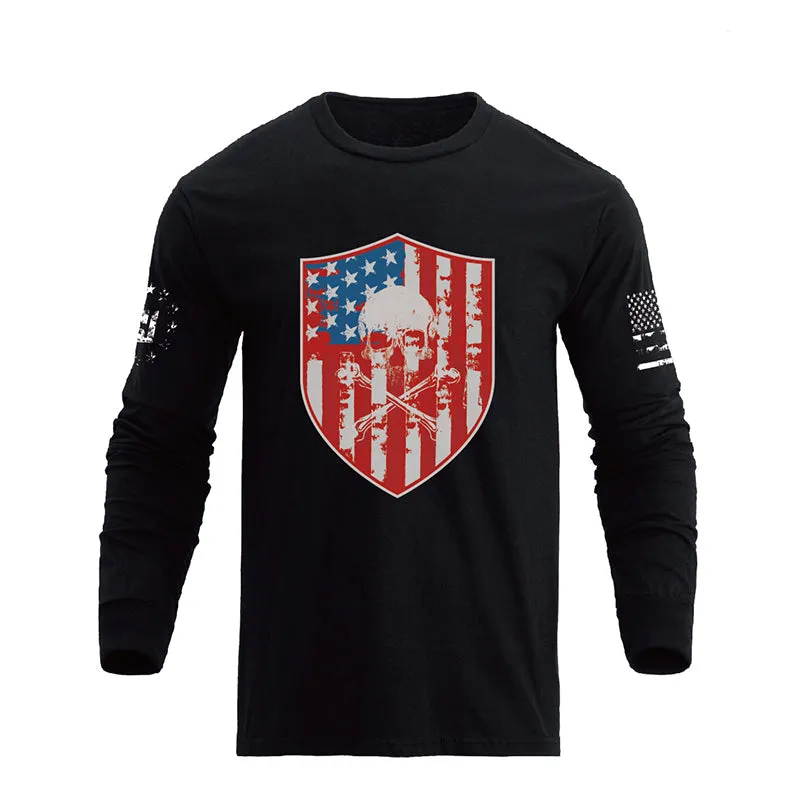 USA FLAG SHIELD SKULL GRAPHIC LONG SLEEVE T-SHIRT